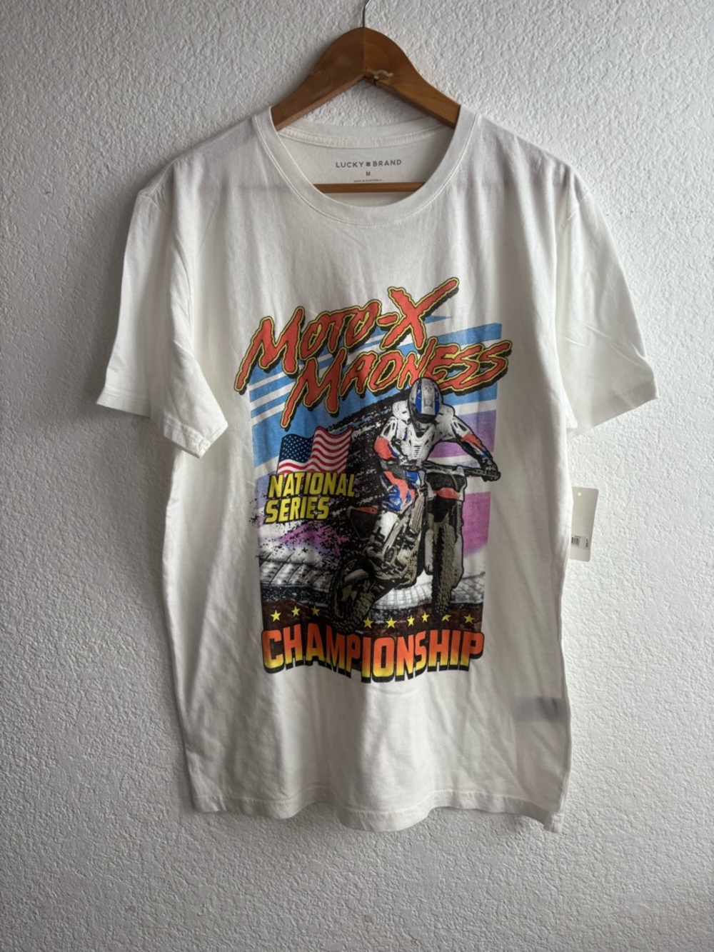 NWT Lucky Brand White Moto-X Madness Championship Graphic Tee Medium - Picture 1 of 5